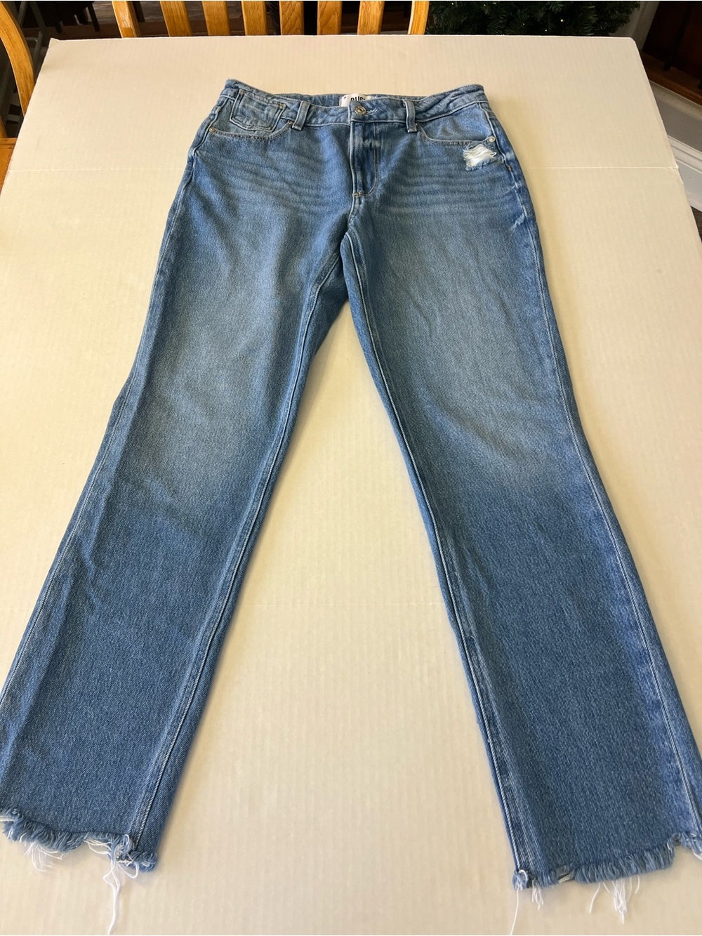 Paige Noella Straight Distressed Blue Denim Jeans with Raw Hem Size 27